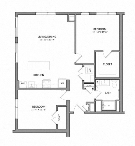 Floor plan for 2 beds, 1 bath, 940 sqft